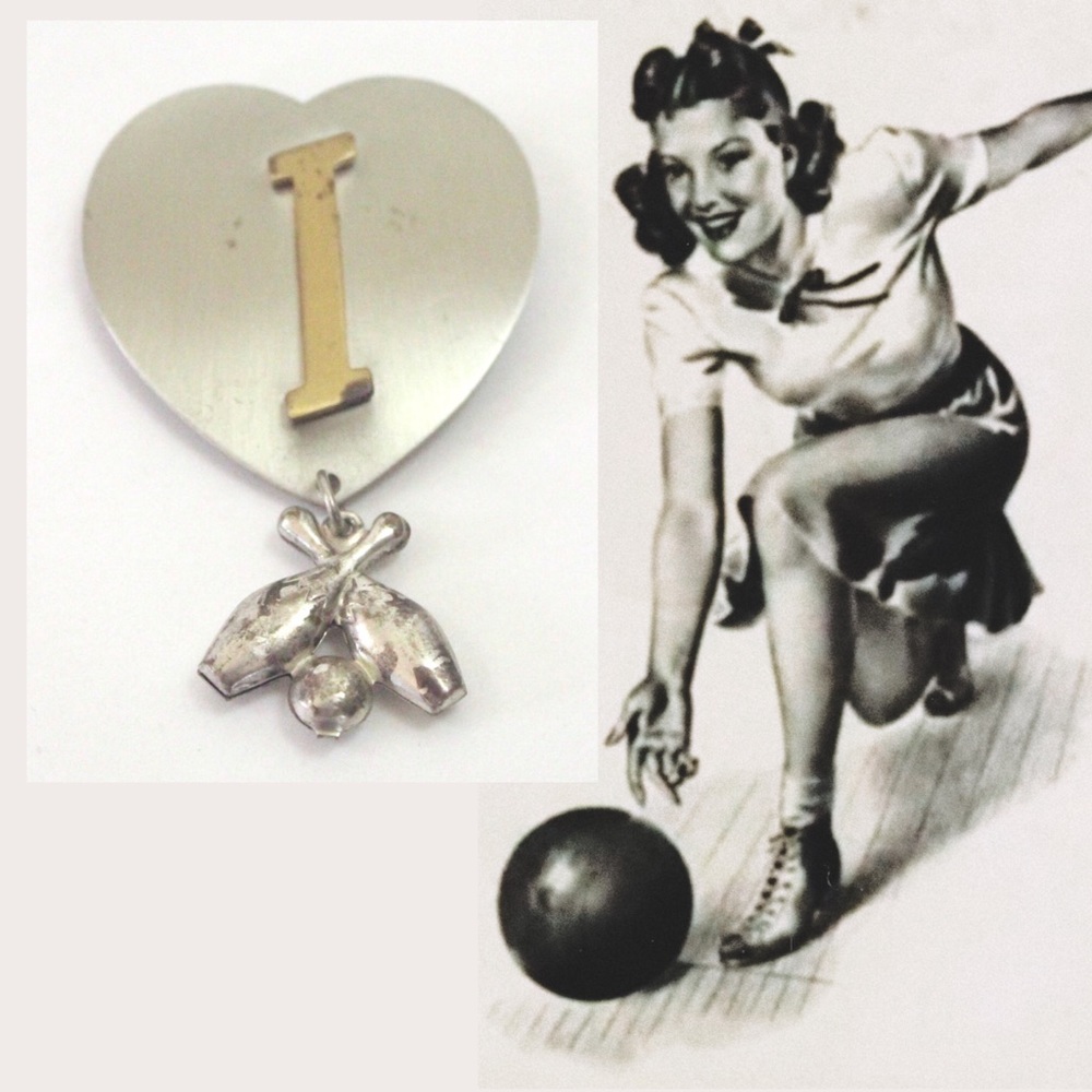 Vintage Heart Initial I Bowling Brooch Pin Novelty Steel “I”